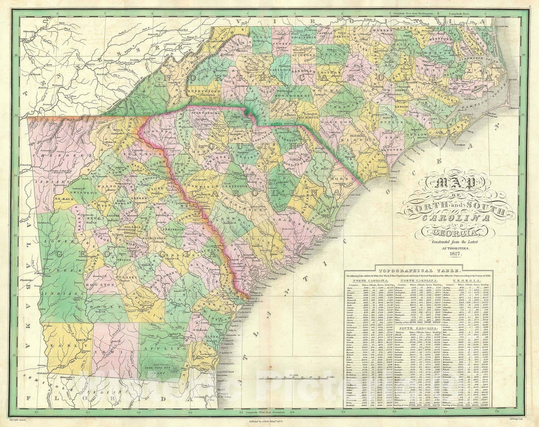 Historic Map : North Carolina, South Carolina and Georgia, Finely, 1827, Vintage Wall Art