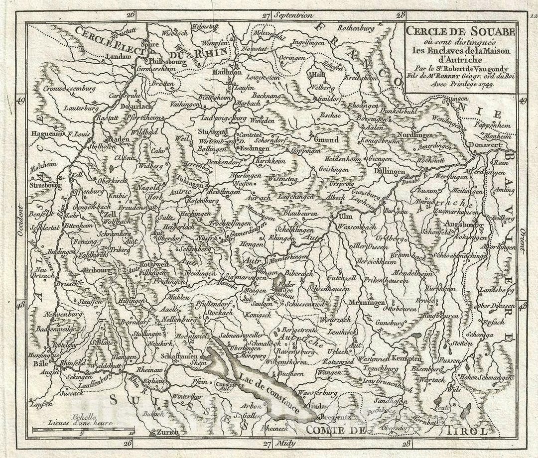 Historic Map : Swabia, Germany, Vaugondy, 1749, Vintage Wall Art