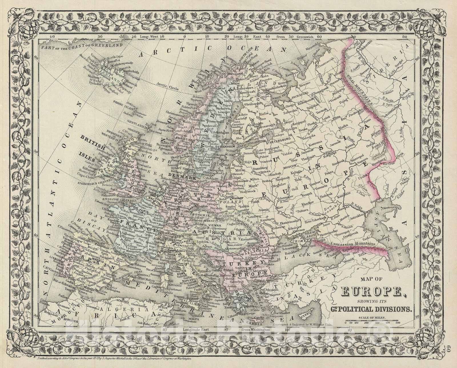 Historic Map : Europe, Mitchell, 1872, Vintage Wall Art