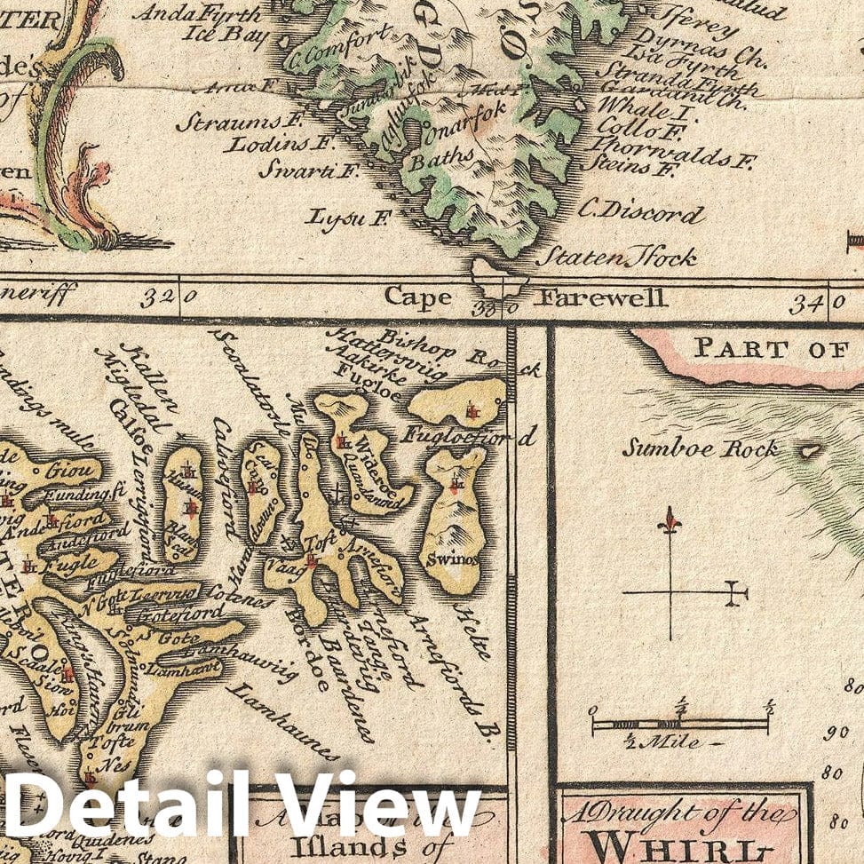 Historic Map : The North Atlantic Islands: Greenland, Iceland, Faroe Islands "Maelstrom", Bowen, 1747, Vintage Wall Art