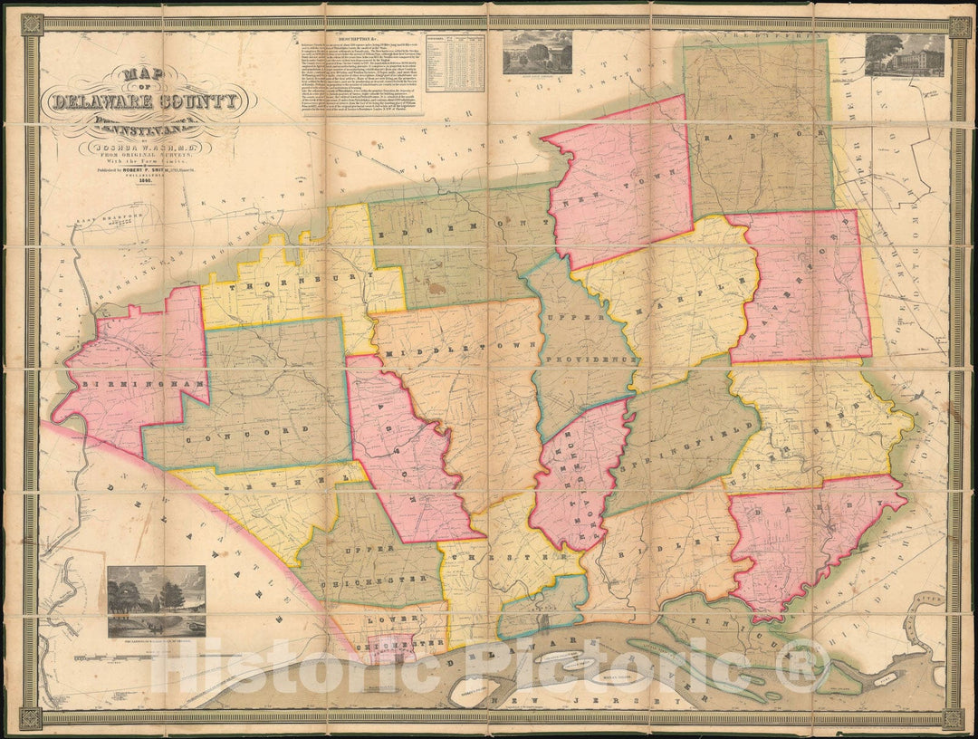 Historic Map : Delaware County, Pennsylvania, Joshua W. Ash, 1848, Vintage Wall Art