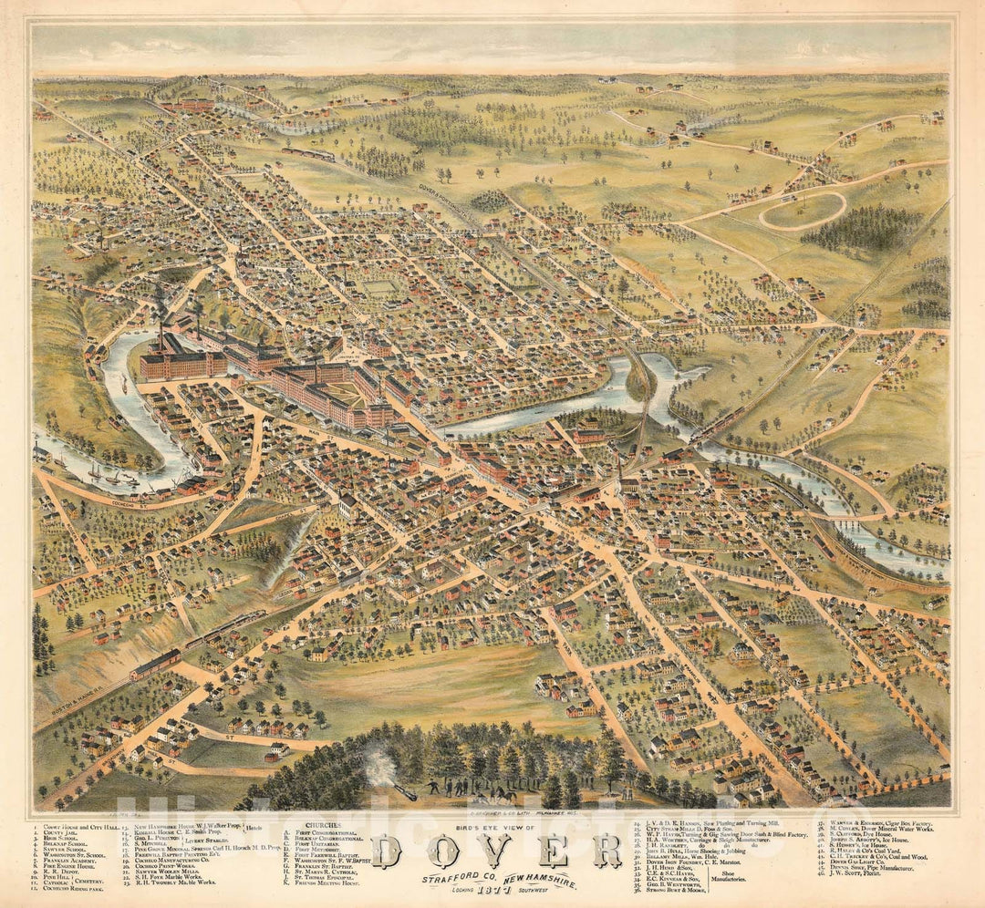 Historic Map : Bird's-Eye View Dover, New Hampshire, Albert Ruger, 1877, Vintage Wall Art