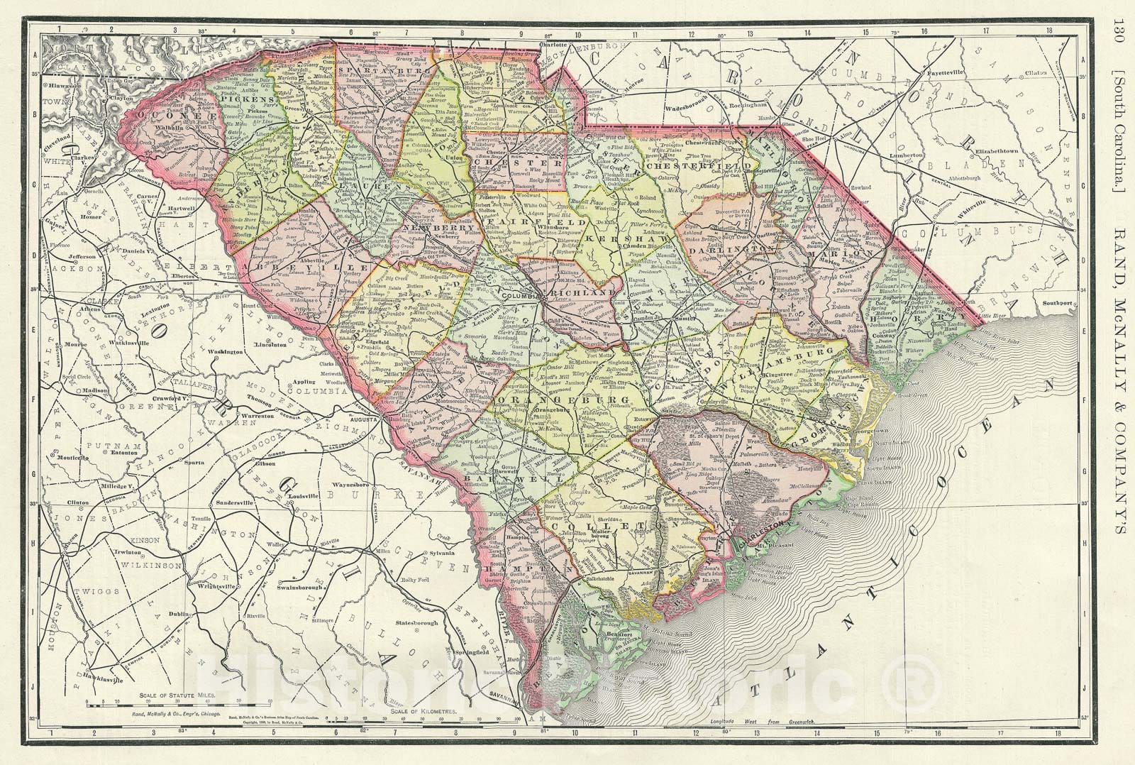 Historic Map : South Carolina, United States, Rand McNally, 1888, Vintage Wall Art