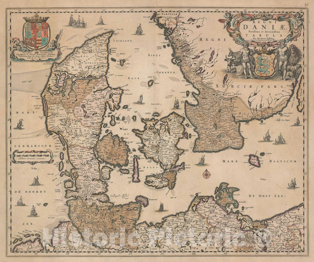 Historic Map : Denmark, Visscher, 1680, Vintage Wall Art