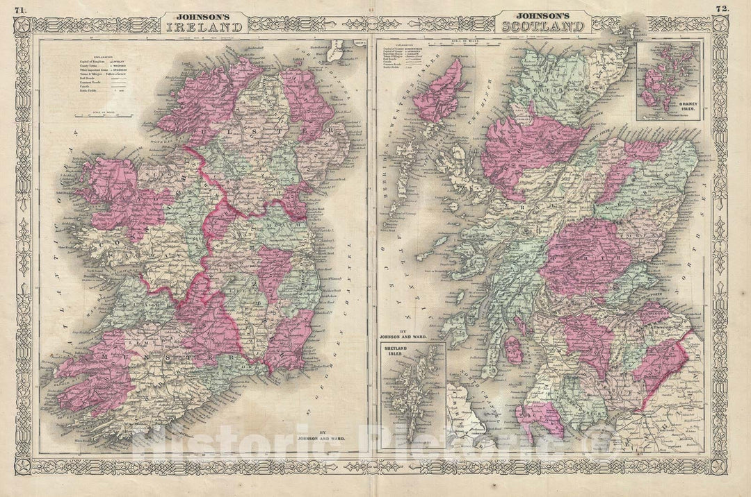 Historic Map : Ireland and Scotland, Johnson, 1863, Vintage Wall Art