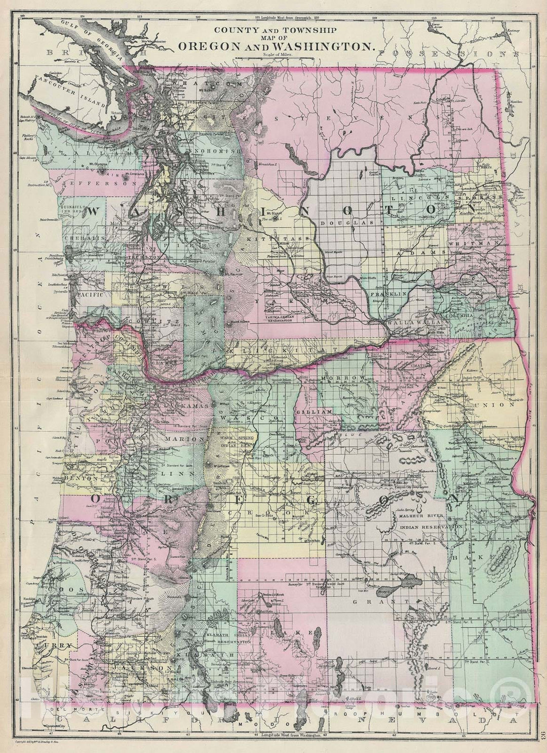 Historic Map : Oregon and Washington, Bradley, 1887, Vintage Wall Art