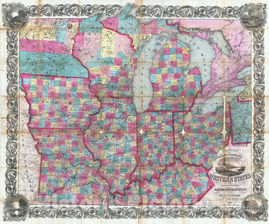 Historic Map : Ohio, Michigan, Wisconsin, Iowa, Illinois, Missouri, Indiana and Kentucky, Colton, 1854, Vintage Wall Art