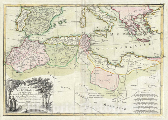 Historic Map : The Mediterranean and The Maghreb or Barbary Coast, Africa, Bonne, 1762, Vintage Wall Art