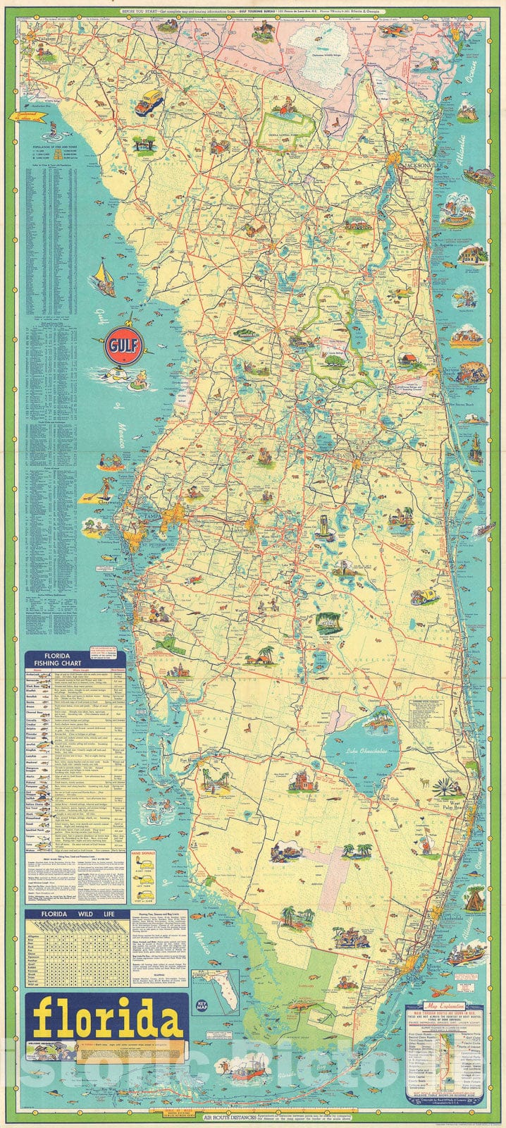 Historic Map : Pictorial Road Map of Florida, Rand McNally, 1960, Vintage Wall Art