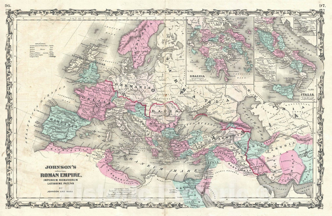 Historic Map : The Roman Empire, Johnson, 1862, Vintage Wall Art