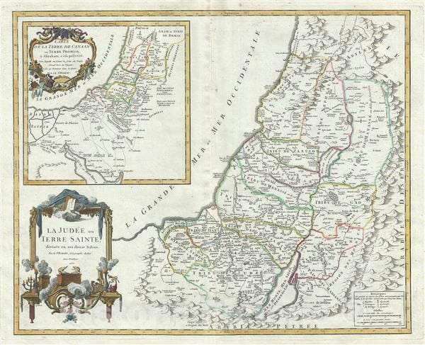 Historic Map : Israel, Palestine or The Holy Land /w 12 Tribes, Vaugondy, 1750, Vintage Wall Art