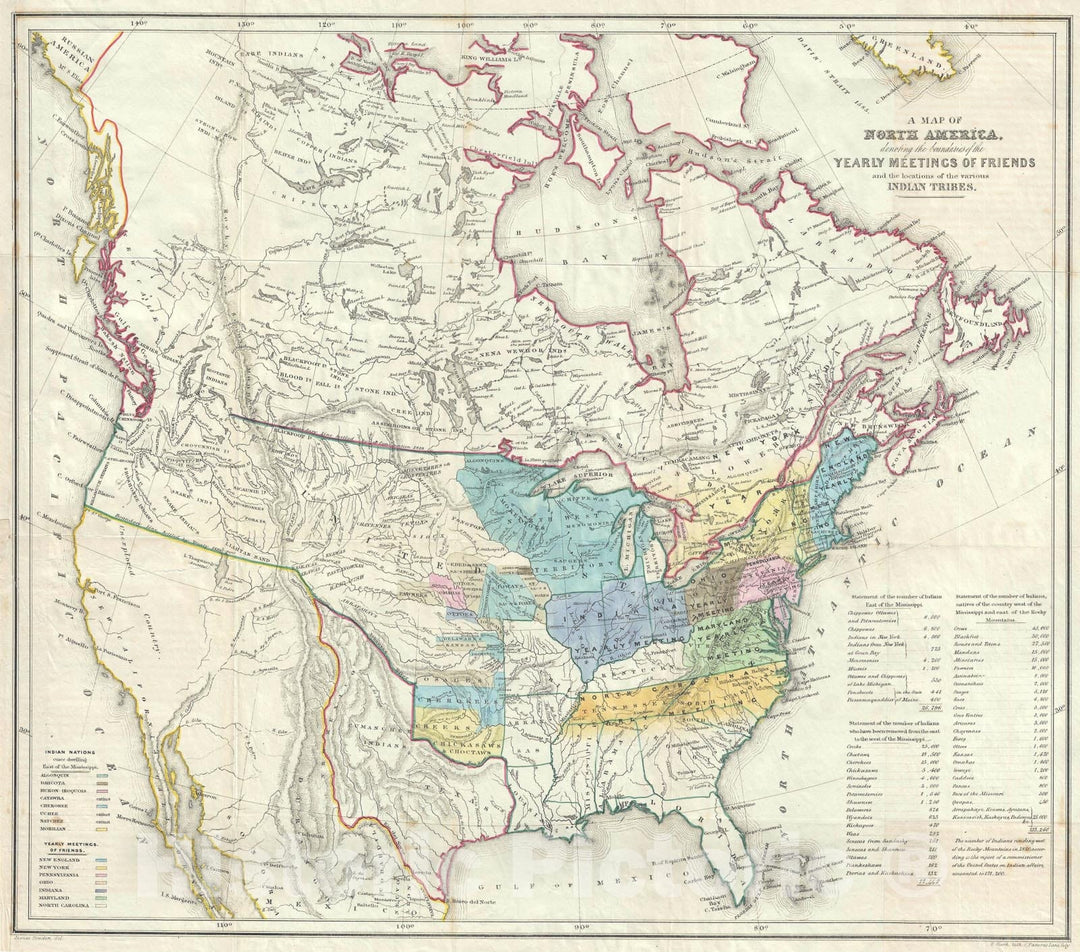 Historic Map : North America w/ American Indian Nations, Bowden Quaker, 1844, Vintage Wall Art