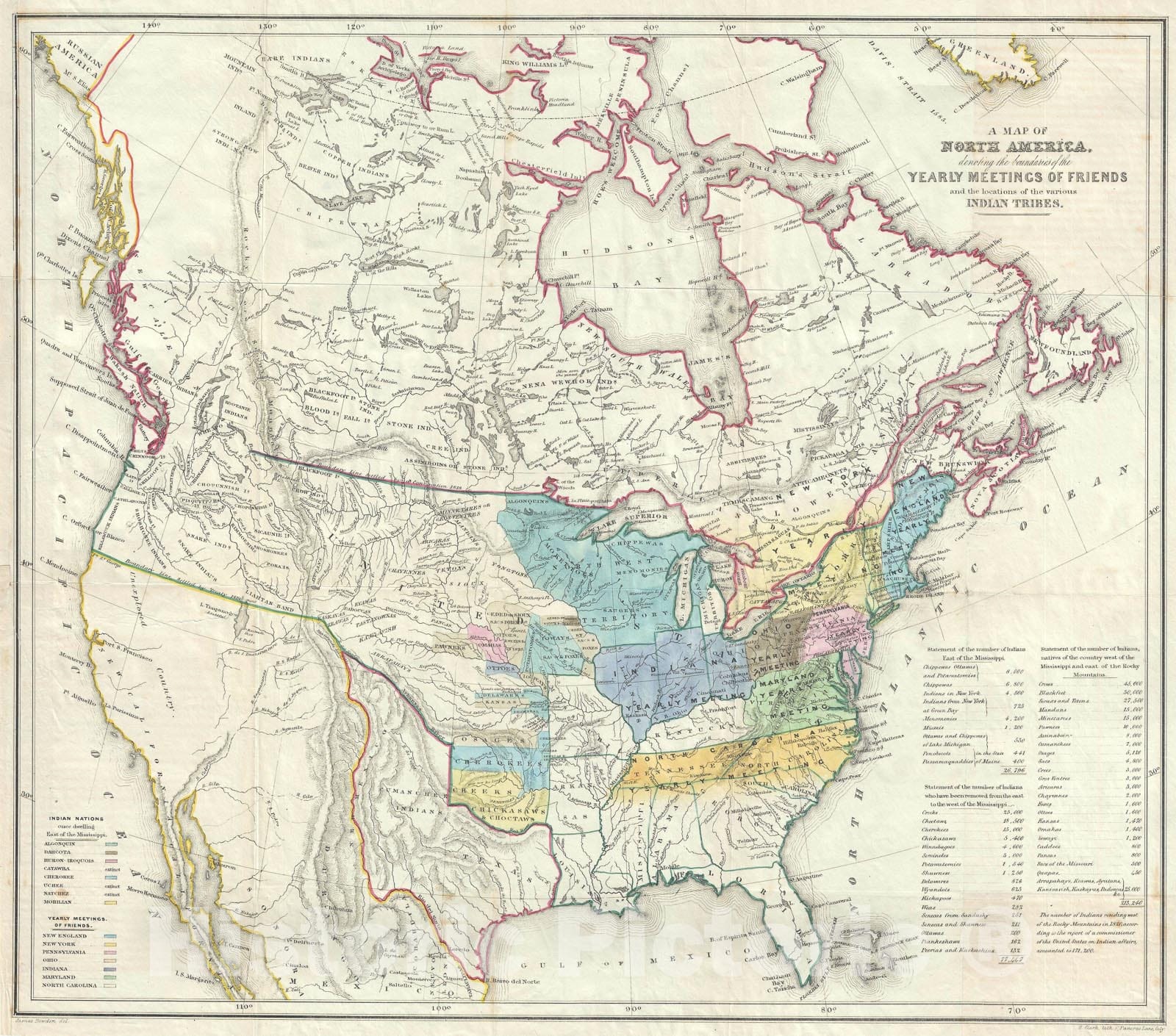 Historic Map : North America w/ American Indian Nations, Bowden Quaker, 1844, Vintage Wall Art