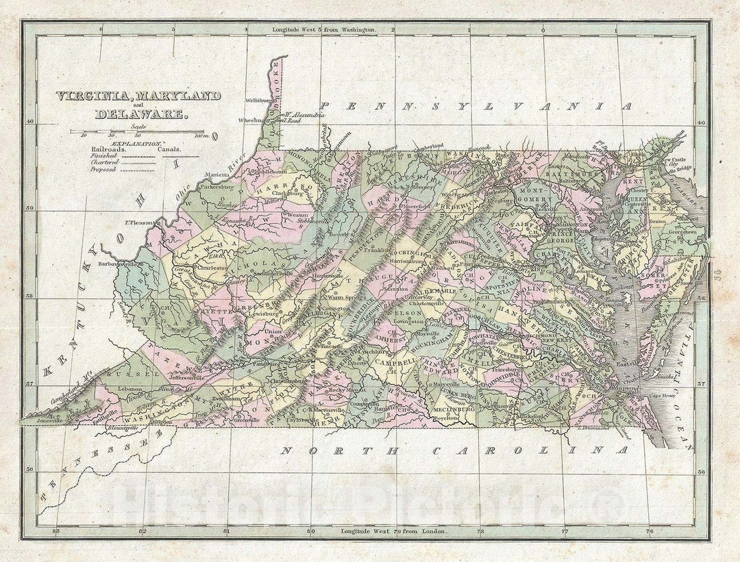 Historic Map : Virginia, Maryland and Delaware, BraArtd, 1835, Vintage Wall Art