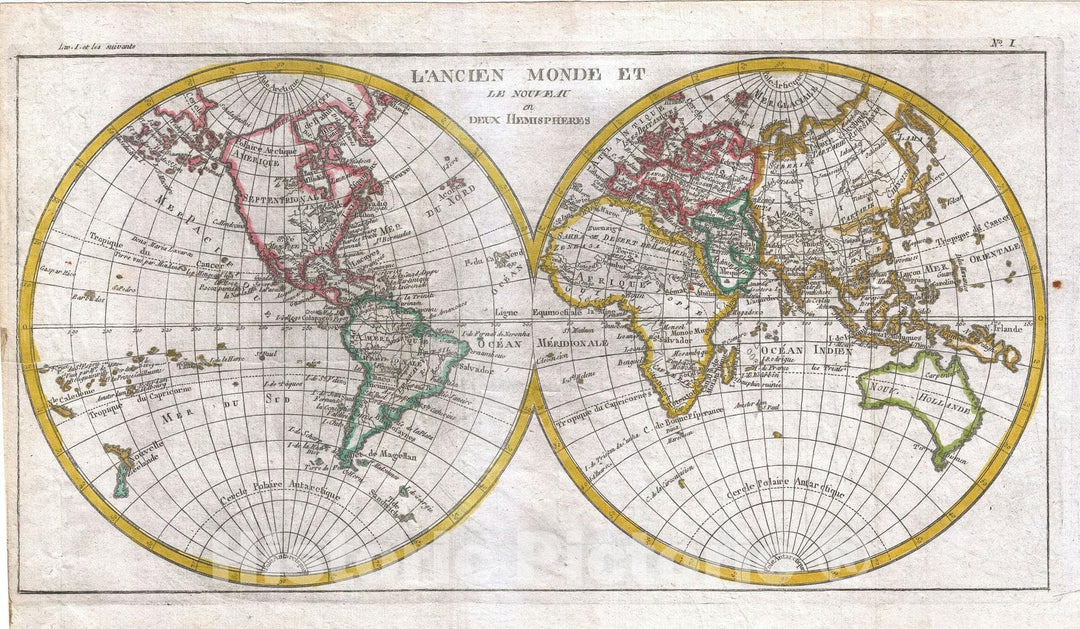 Historic Map : The Two Hemispheres, Raynal and Bonne, 1780, Vintage Wall Art