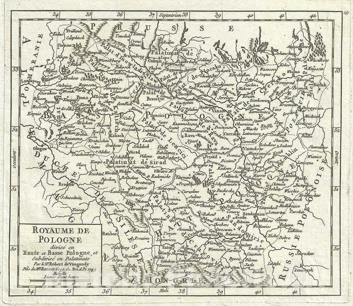 Historic Map : Poland, Vaugondy, 1749, Vintage Wall Art