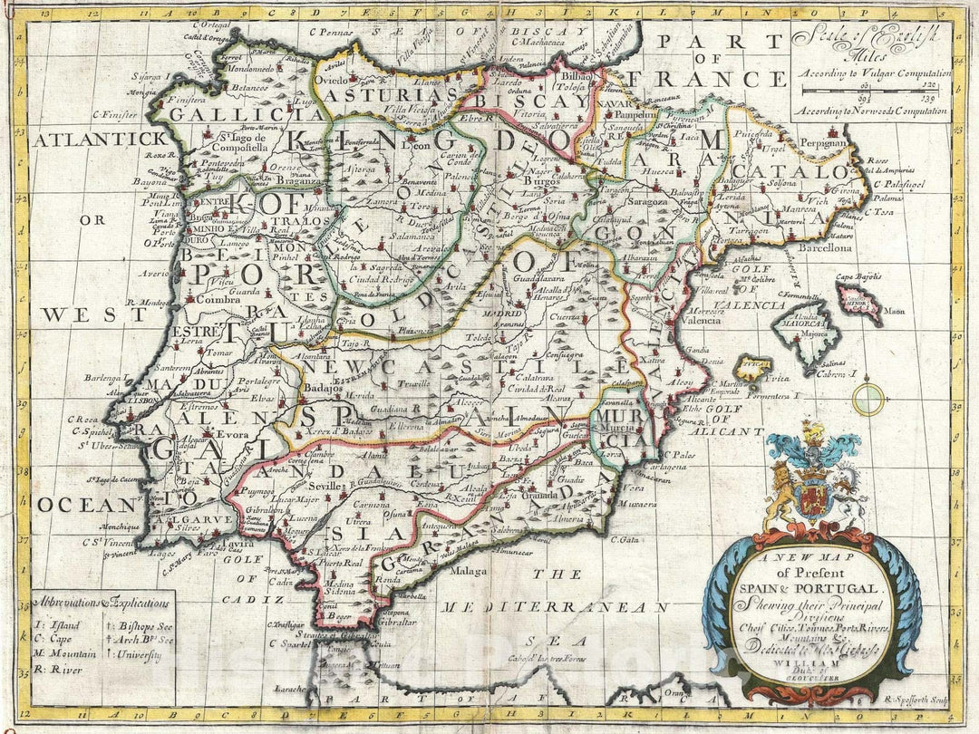 Historic Map : Spain and Portugal, Wells, 1700, Vintage Wall Art