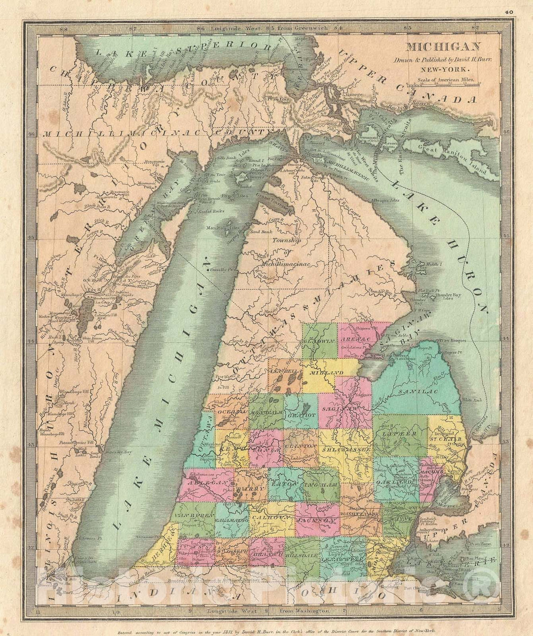 Historic Map : Michigan, Burr, 1835, Vintage Wall Art