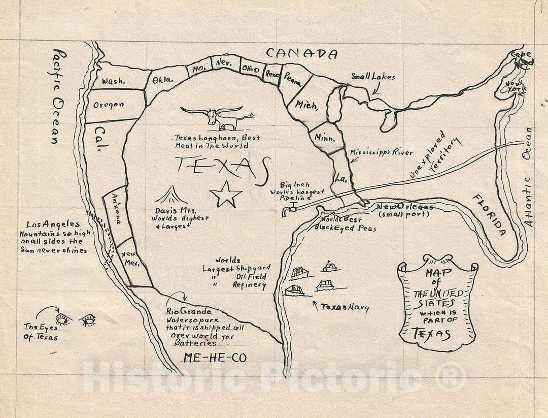 Historic Map : The United States from The Perspective of Texas, Manuscript, 1943, Vintage Wall Art