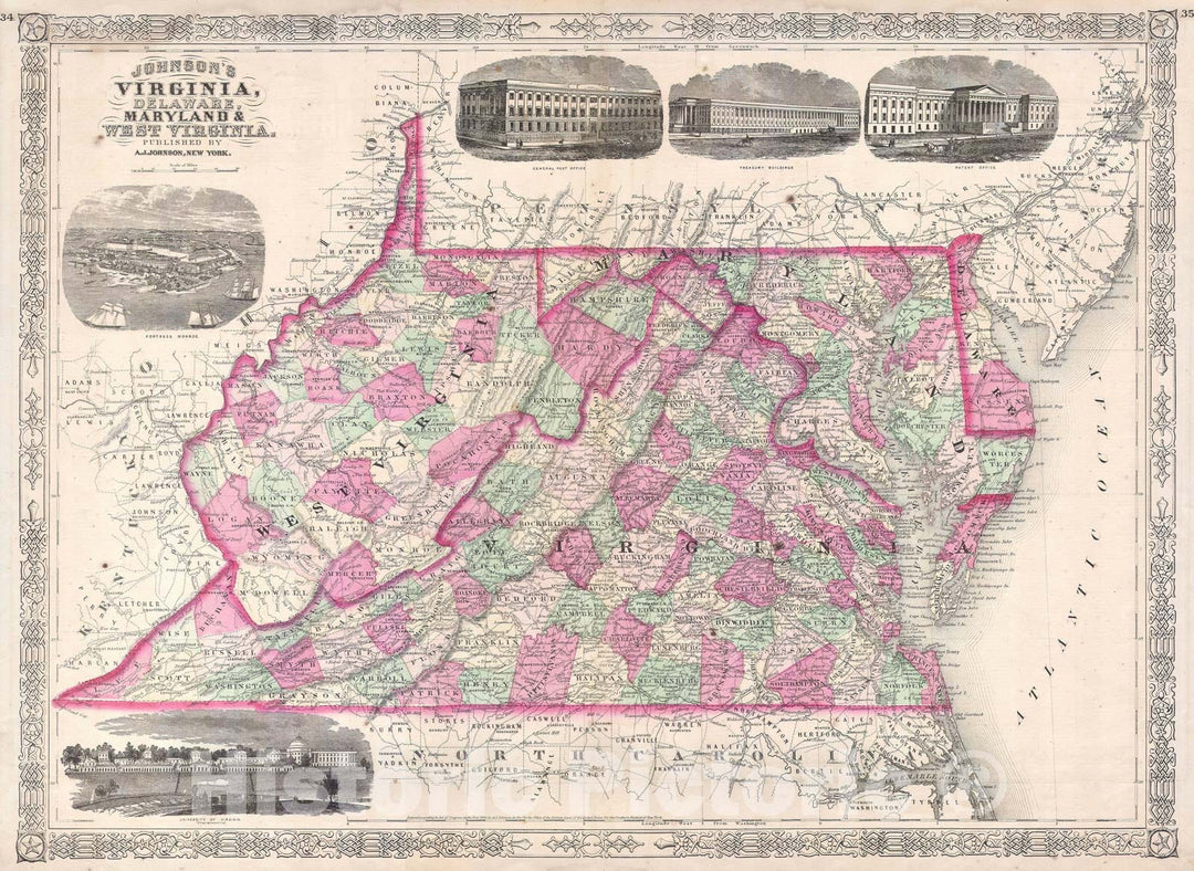 Historic Map : Virginia, Delaware, Maryland and West Virginia, Johnson's, 1864, Vintage Wall Art