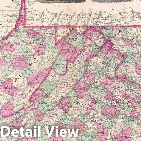 Historic Map : Virginia, Delaware, Maryland and West Virginia, Johnson's, 1864, Vintage Wall Art