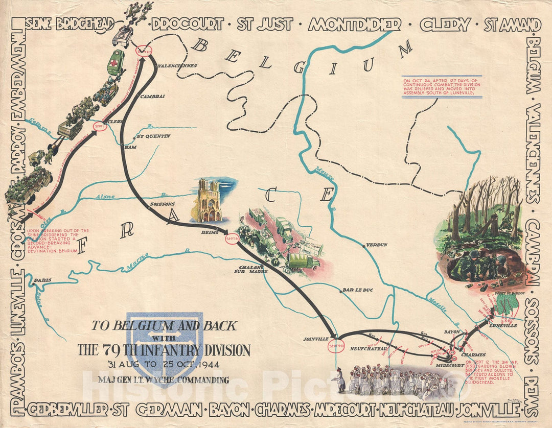 Historic Map : WWII Route Pictorial The 79th Inf. in France, Kaliher and White, 1945, Vintage Wall Art