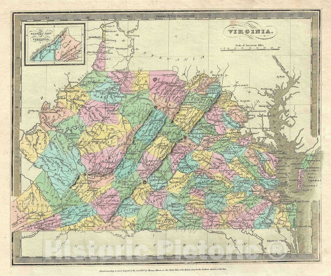 Historic Map : Virginia, Burr, 1834, Vintage Wall Art