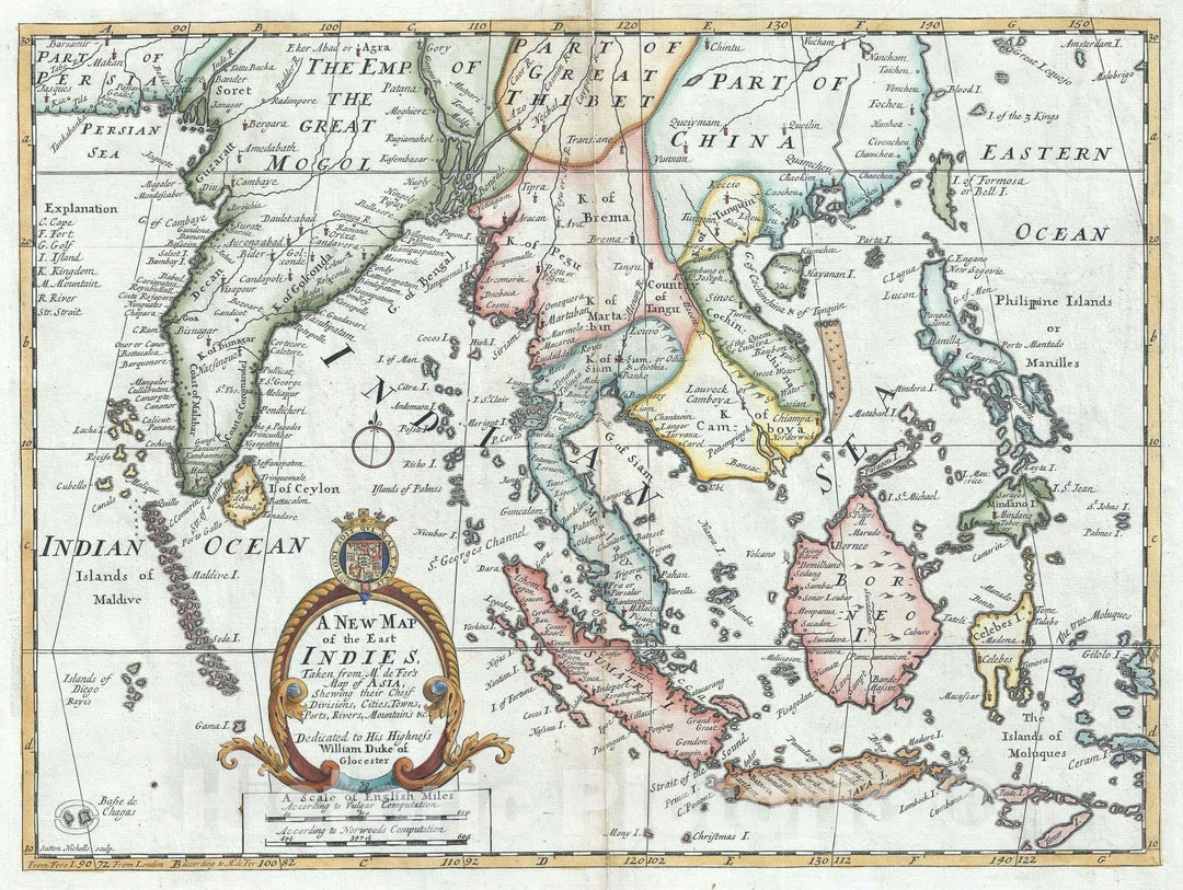 Historic Map : India and The East Indies, Wells, 1712, Vintage Wall Art