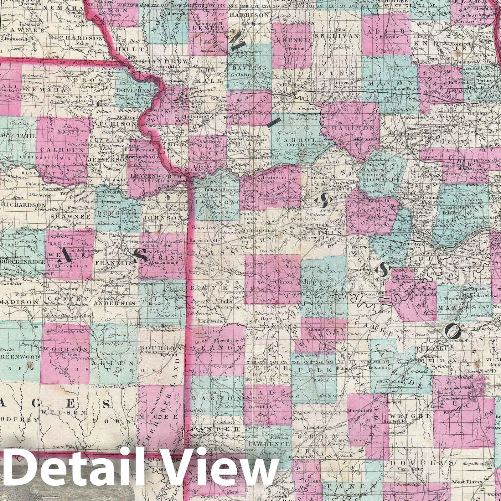 Historic Map : Kansas and Missouri, Johnson, 1862, Vintage Wall Art