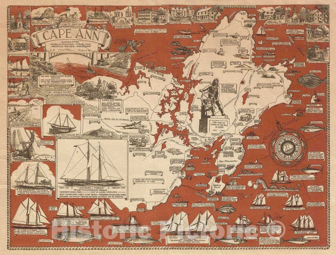 Historic Map : O'Toole Pictorial Map of Cape Ann, Massachusetts, 1948, Vintage Wall Art