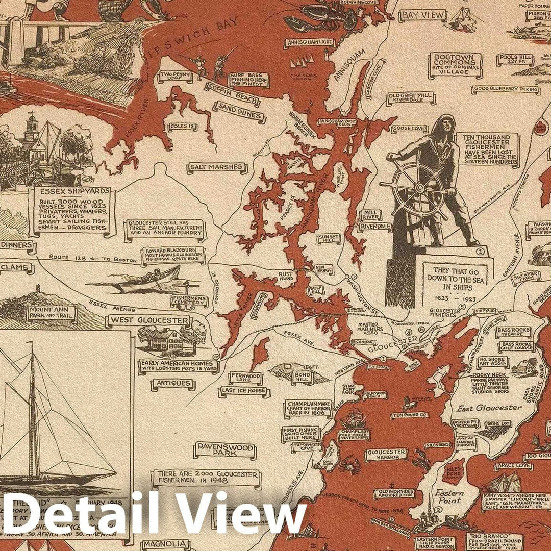 Historic Map : O'Toole Pictorial Map of Cape Ann, Massachusetts, 1948, Vintage Wall Art