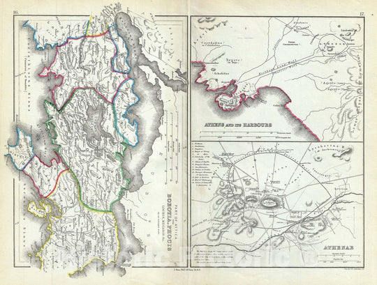 Historic Map : Athens and Part of Attica "Boeotia, Phocis" in Ancient Greece, Hughes, 1867, Vintage Wall Art