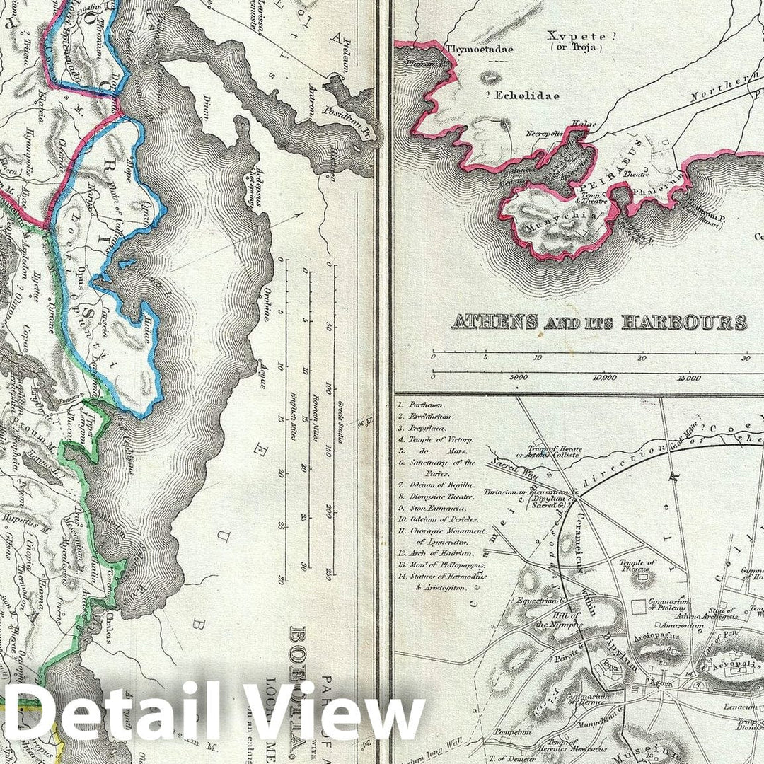 Historic Map : Athens and Part of Attica "Boeotia, Phocis" in Ancient Greece, Hughes, 1867, Vintage Wall Art