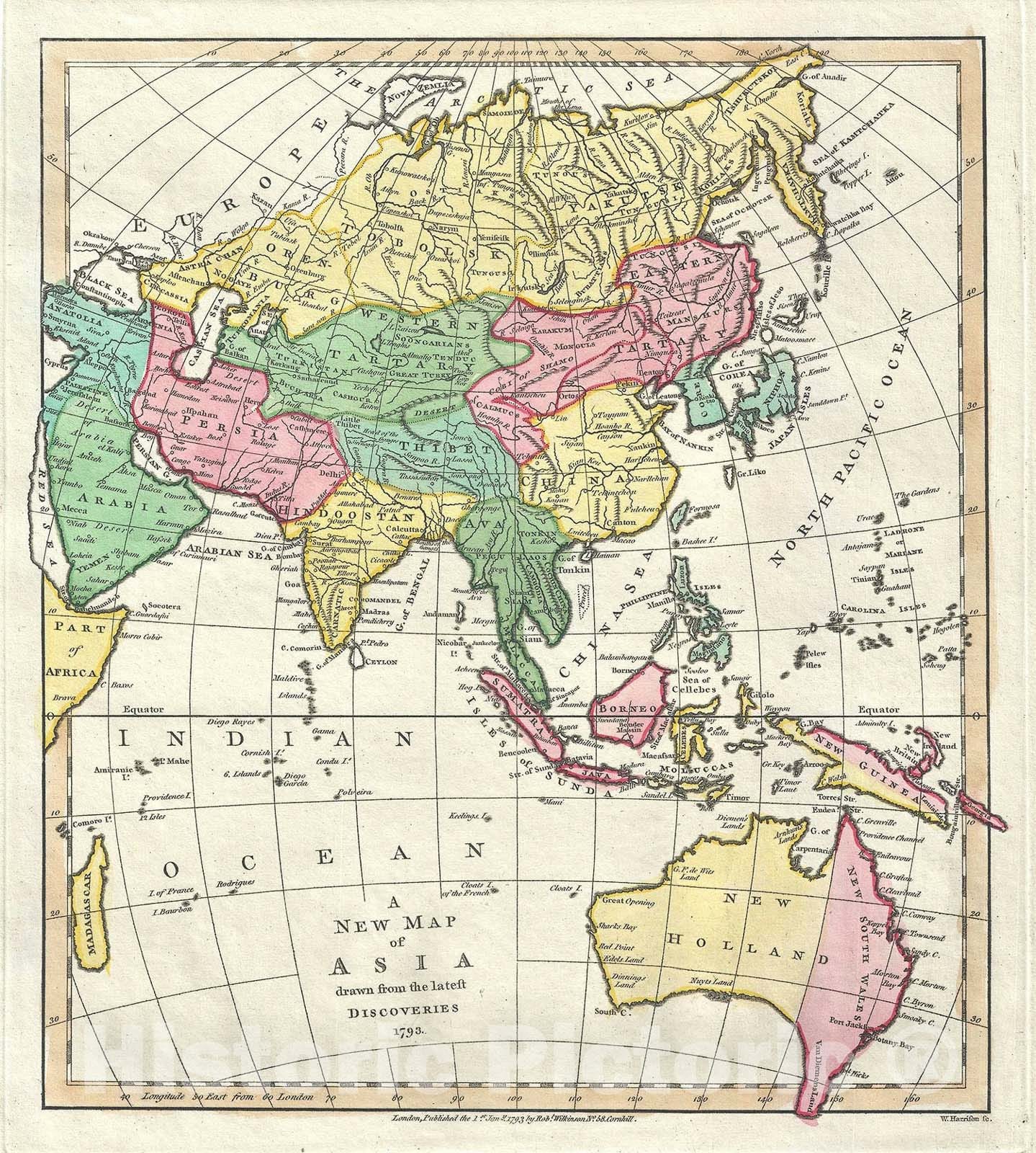 Historic Map : Asia and Australia, Wilkinson, 1793, Vintage Wall Art