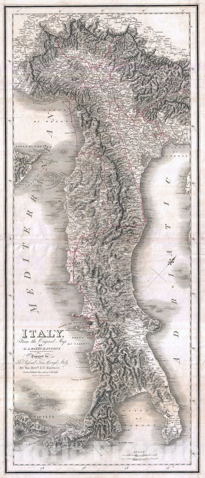 Historic Map : Italy, Rizzi-Zannoni, 1814, Vintage Wall Art