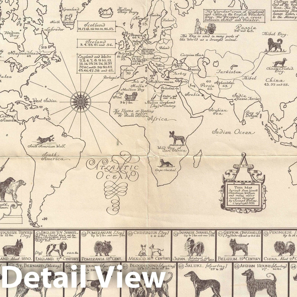 Historic Map : Sims Pictorial Dog Map of The World, 1933, Vintage Wall Art