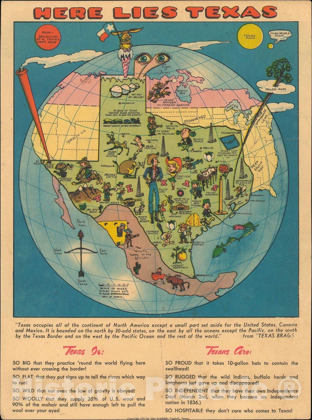 Historic Map : Pictorial Postcard Texas, 1951, Vintage Wall Art