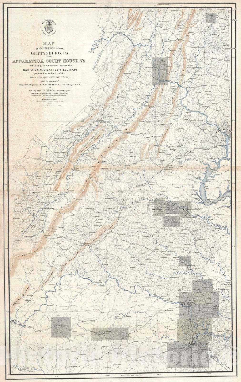 Historic Map : Civil War Battles from Gettysburg, PA to Appomattox, VA, Michler, 1869, Vintage Wall Art