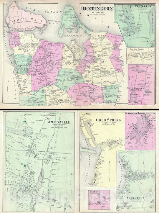 Historic Map : Huntington and Amityville, Long Island, New York, Beers, 1873, Vintage Wall Art