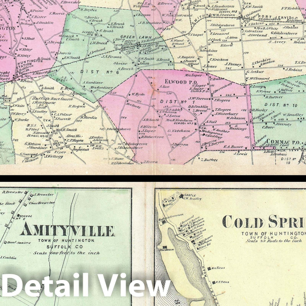 Historic Map : Huntington and Amityville, Long Island, New York, Beers, 1873, Vintage Wall Art