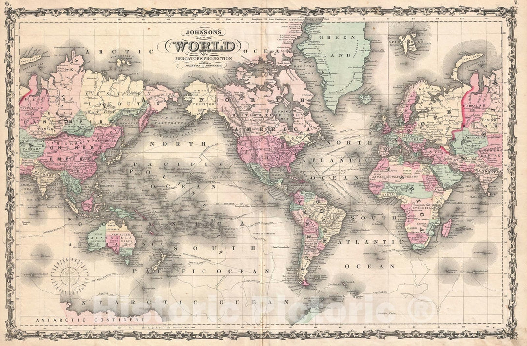 Historic Map : The World on Mercator Projection, Johnson, 1861, Vintage Wall Art