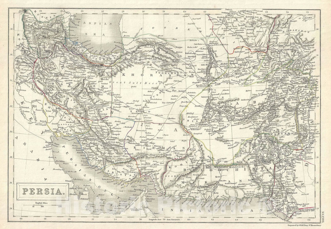 Historic Map : Persia "Iran" and Afghanistan, Black, 1844, Vintage Wall Art