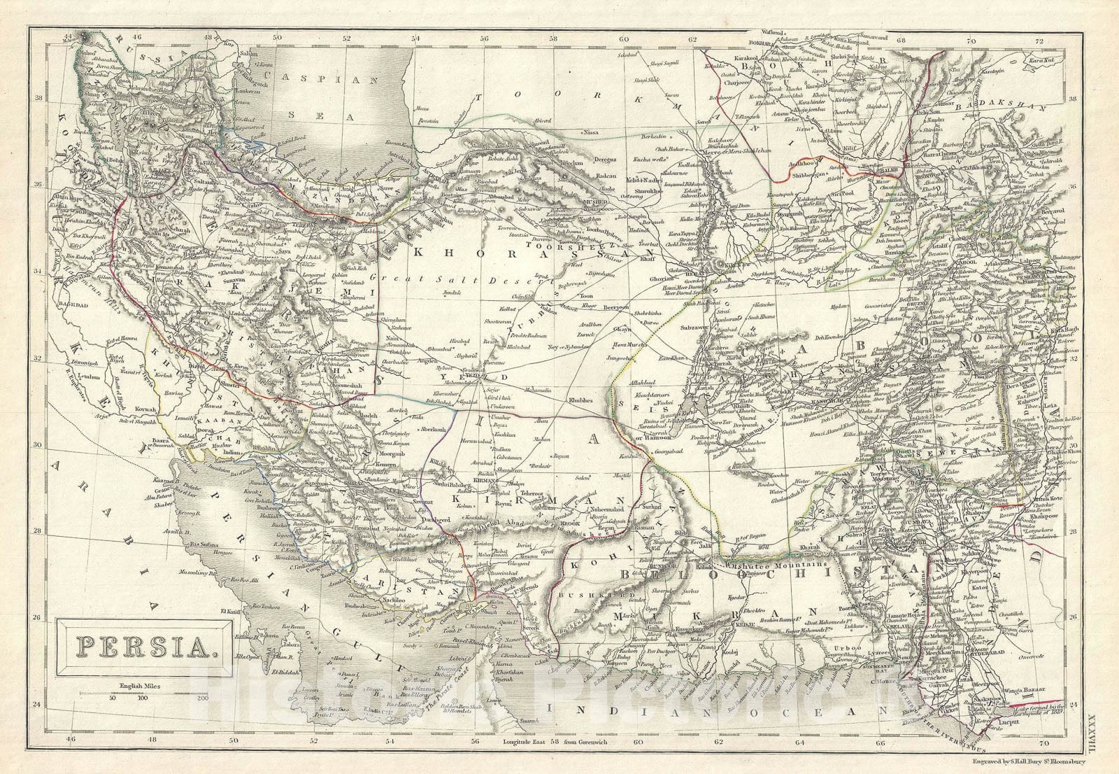 Historic Map : Persia "Iran" and Afghanistan, Black, 1844, Vintage Wall Art