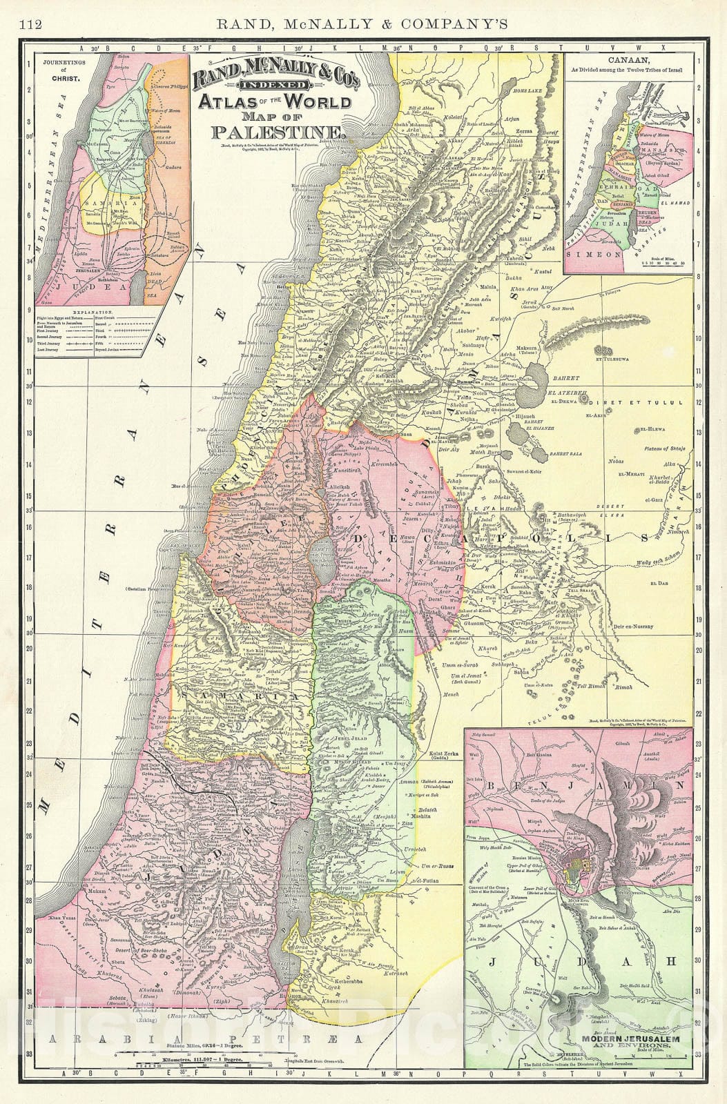 Historic Map : Israel, Palestine or The Holy Land, Rand McNally, 1892, Vintage Wall Art