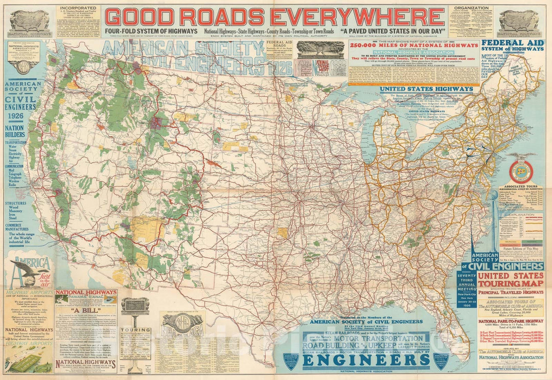 Historic Map : The United States: highway propaganda!, NHA, 1926, Vintage Wall Art