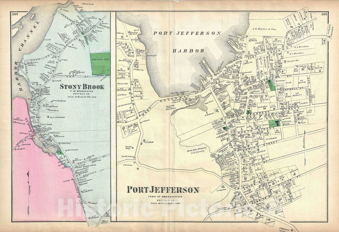 Historic Map : Stony Brook and Port Jefferson, Long Island, New York, Beers, 1873, Vintage Wall Art