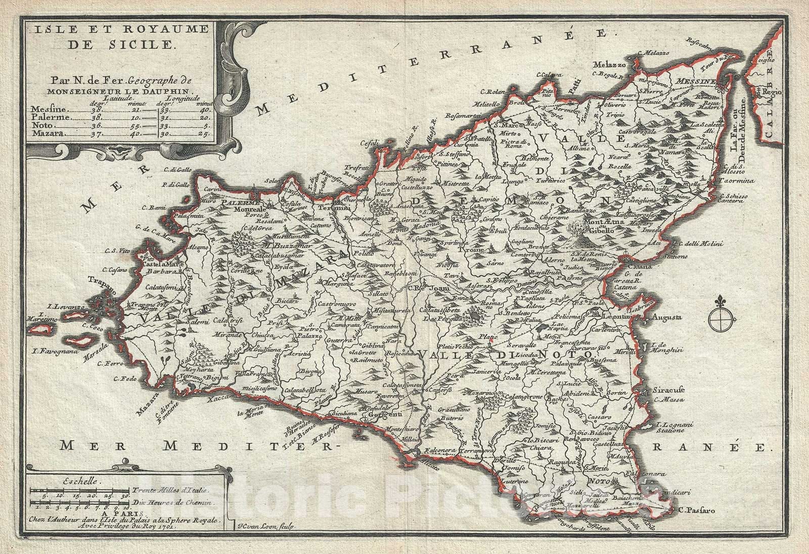 Historic Map : Sicily, Italy, De Fer, 1701, Vintage Wall Art