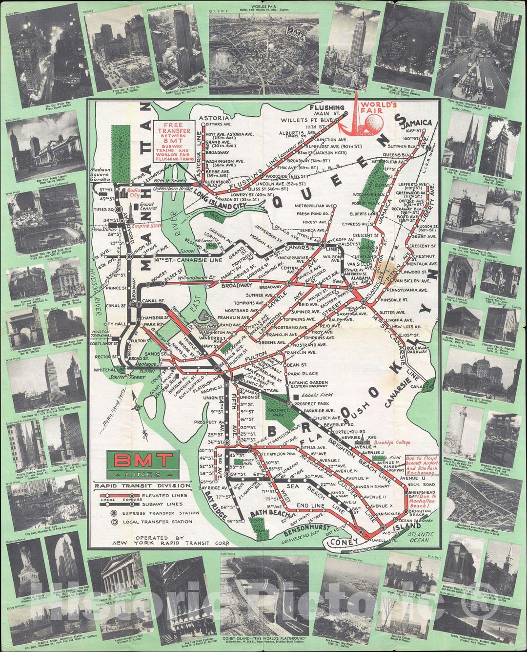 Historic Map : Brooklyn-Manhattan Transit Map of The BMT Subway for The 1939 World's Fair, 1939, Vintage Wall Art