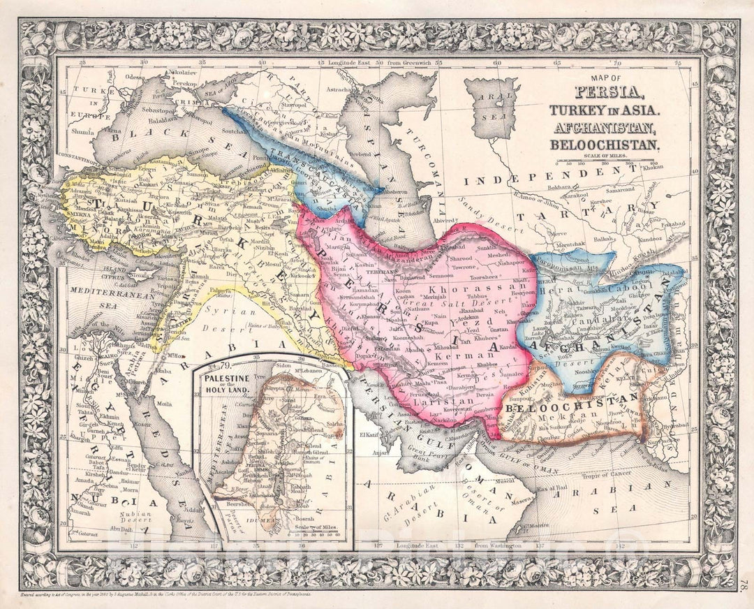 Historic Map : Persia, Turkey and Afghanistan "Iran, Iraq", Mitchell, 1864, Vintage Wall Art