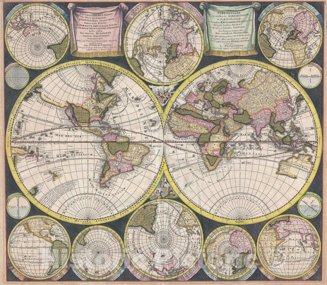 Historic Map : Double Hemisphere ma of The World, Schenk, 1706, Vintage Wall Art